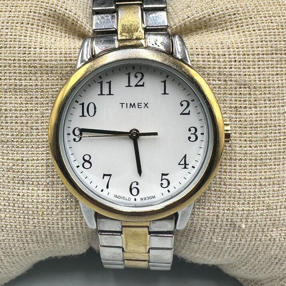 3/$30 Timex Watch Women Silver Gold Two Tone Stretch Band White Dial New Battery - Picture 2 of 14